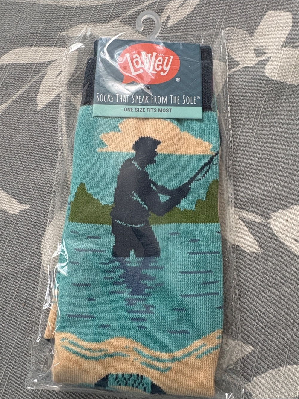 Lavley Fisherman Graphic Crew Socks — Teal & Tan